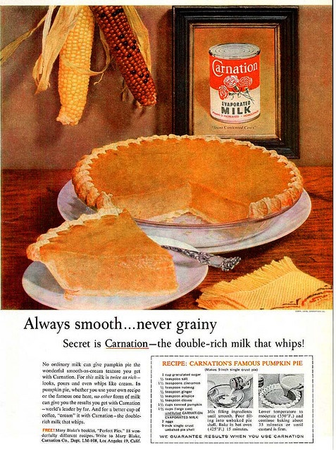 vintage 1950s pumpkin pie ad for Carnation milk featuring a recipe for 'Carnation Famous pumpkin pie". 