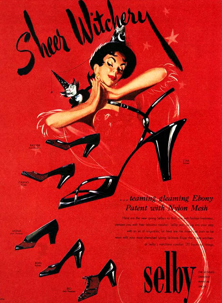 vintage 1950s shoe ad for Selby Shoes featuring a halloween theme (Illustration of shoes with a woman dressed as witch with her black cat). 