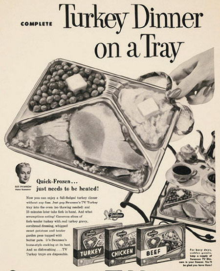 vintage TV dinner ad for Turkey dinner on a tray. 