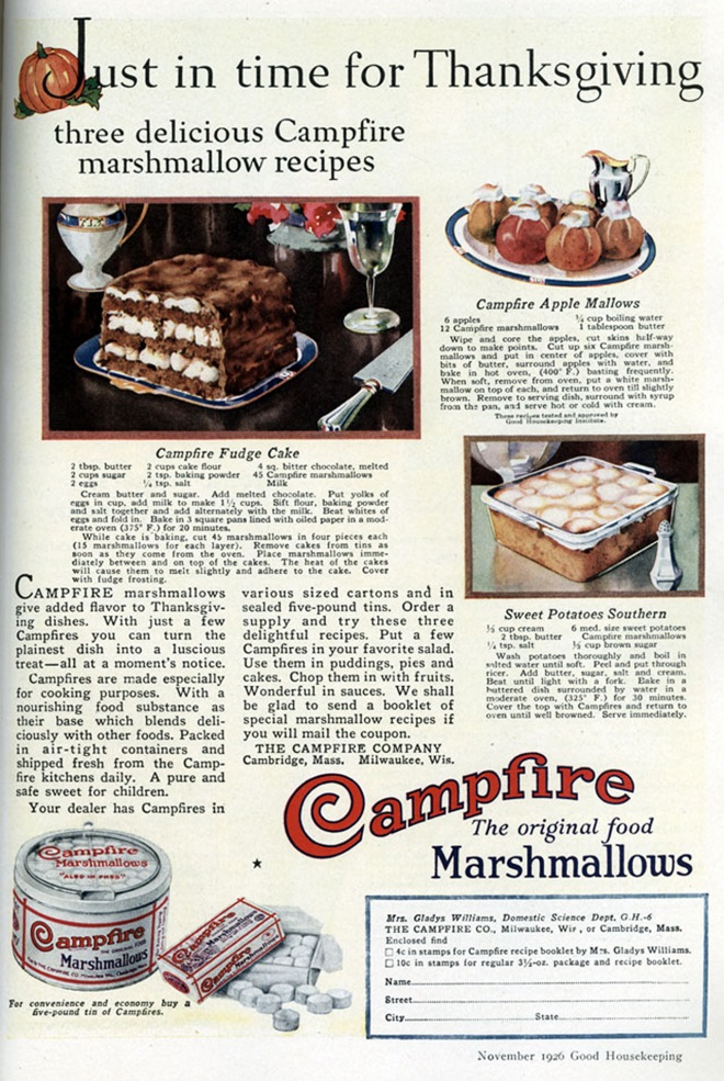 vintage ad for marshmallow dessert-Campfire Apple Mallows, Campfire Fudge Cake, Sweet Potatoes Southern. 