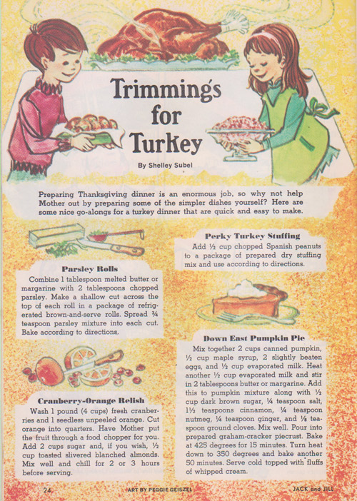 A vintage children's book featuring vintage thanksgiving recipes for trimmings for the turkey and a pumpkin pie recipe. 