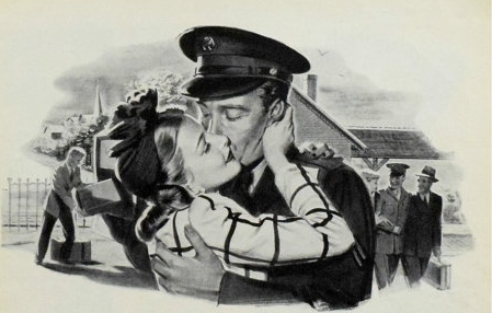 1940s vintage illustration of a soldier and young woman embracing after the war. 