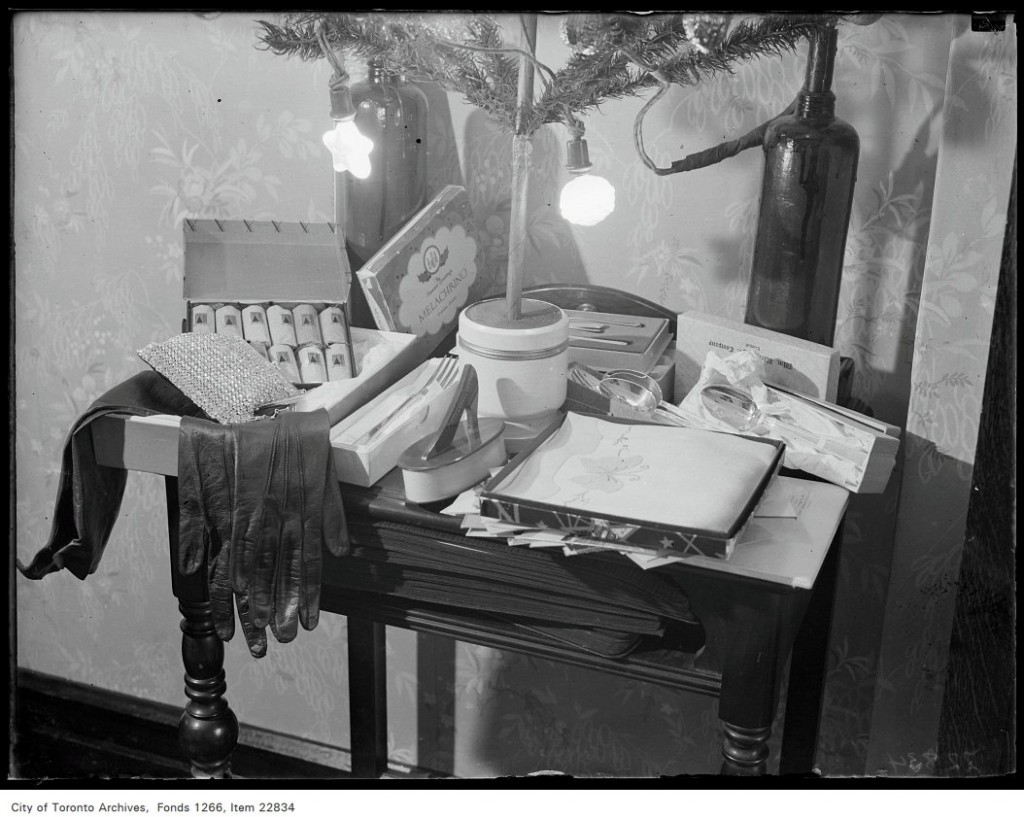 1930s vintage photo: Snapshot of what was under the Christmas Tree at Miss Marjorie Lang's home in 1930s Toronto.