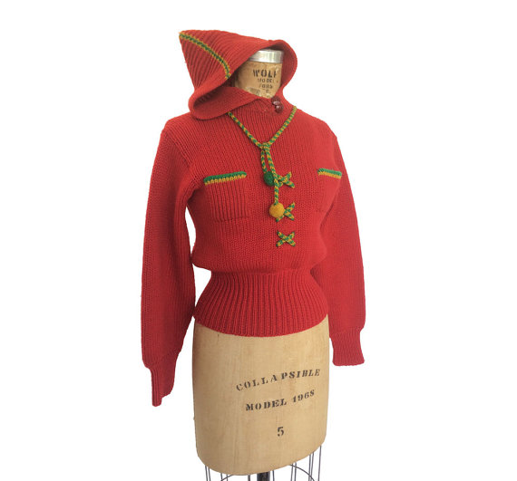 1950s Red Hoodie Drawstring vintage Sweater