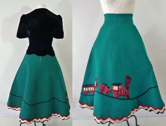 1950s felt novelty christmas skirt with train