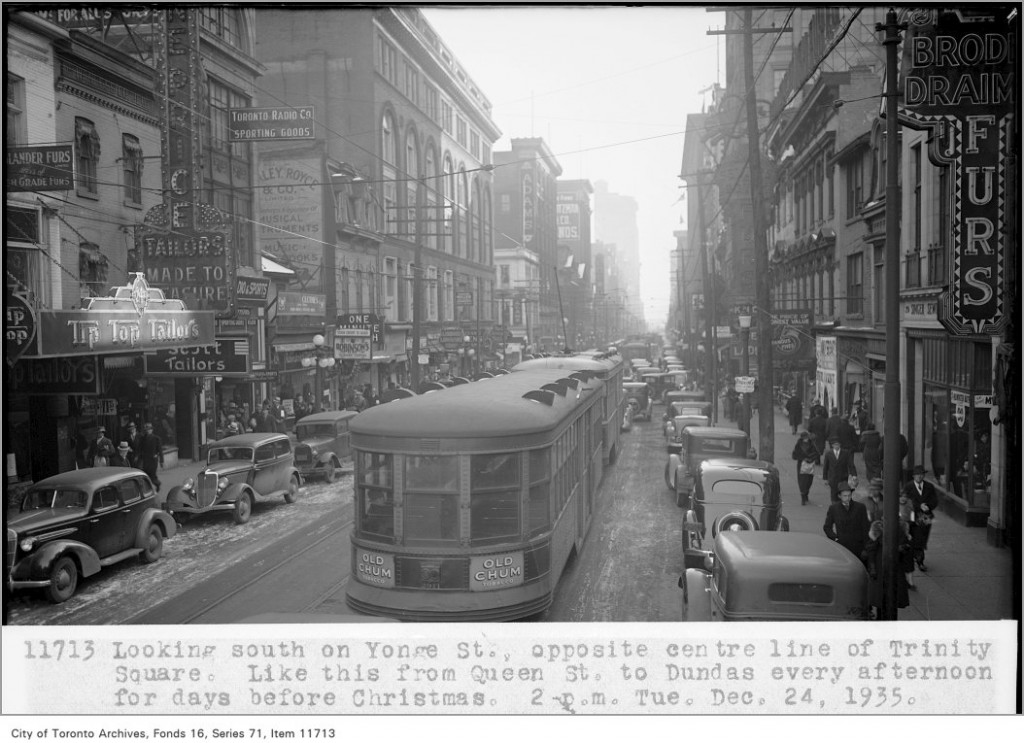 Looking south on Yonge St, opposite centre line of Trinity Square; like this from Queen St, to Dundas, every afternoon for days before Christmas; 2 p.m., Tuesday, December 24, 1935, (Traffic Study Department)