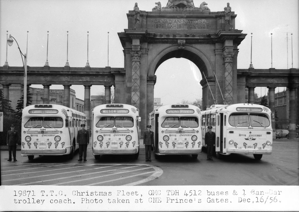 1950s Vintage Photo: T.T.C. Christmas Fleet, G.M.C. TDH 4512 buses and 1 Can-Car trolley coach. Photo taken at C.N.E. Prince's Gates, [Toronto, Ont.] Dec. 16, 1956.