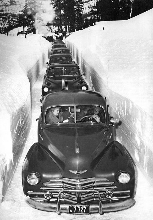 vintage image of cars in snow early 1950s. Idaho 1952.