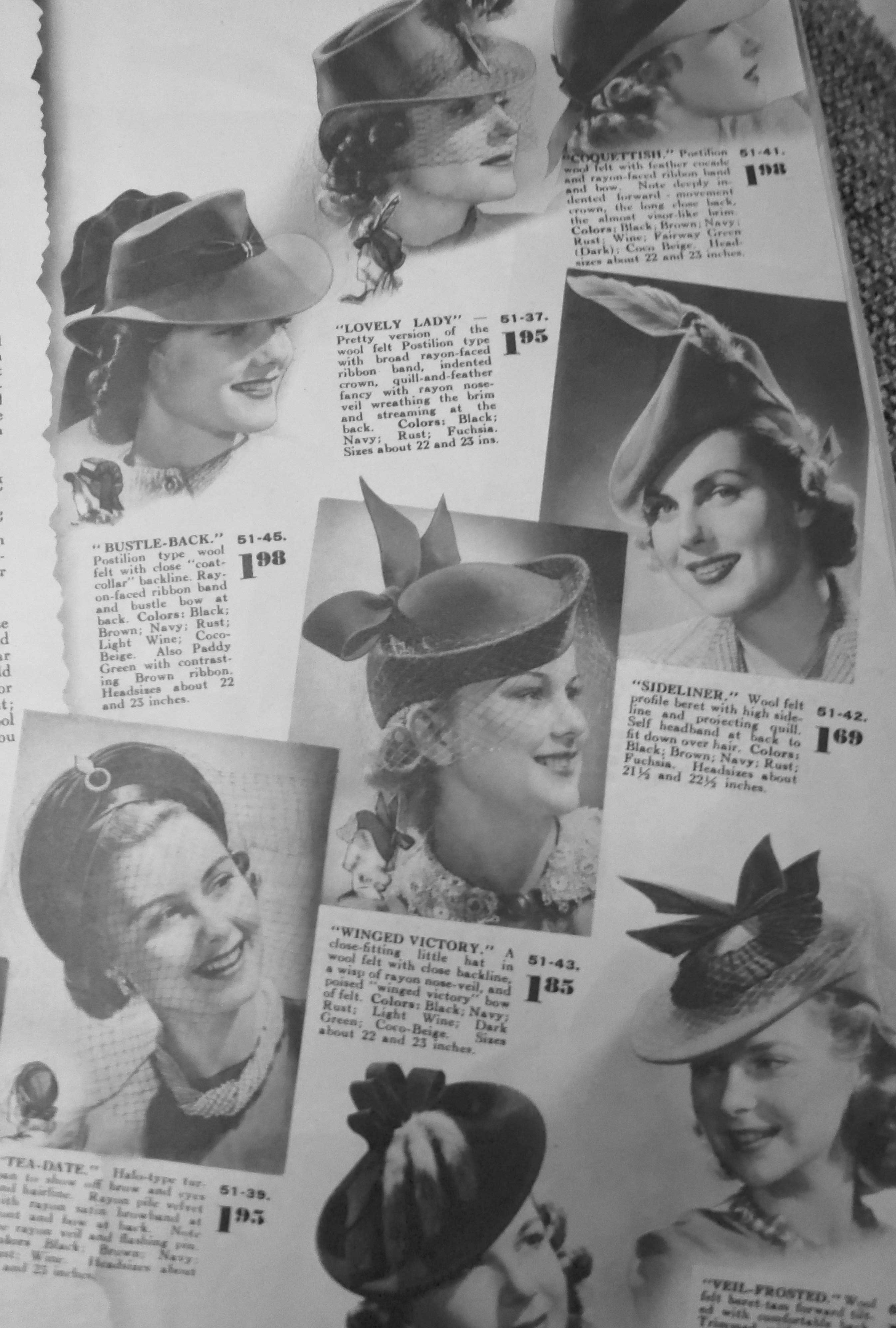 1940s Fashion: Late 1940, early 1941 women's fall winter hats as seen in a Eaton's 1940-1940 Fall / Winter Catalogue 