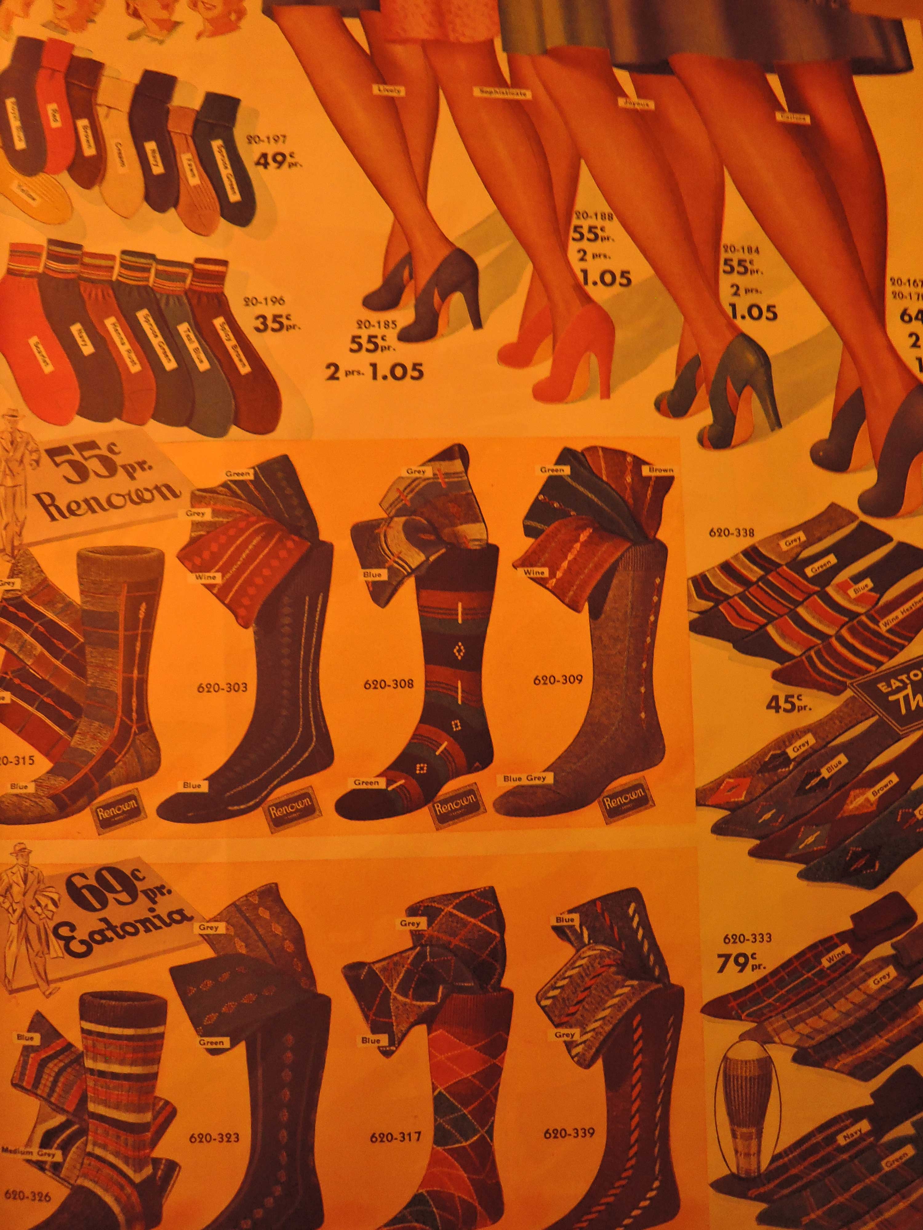 1940s Fashion: Late 1940s, Early 1941 Men's socks and women's hosiery as seen in a Eaton's 1940-1940 Fall / Winter Catalogue 