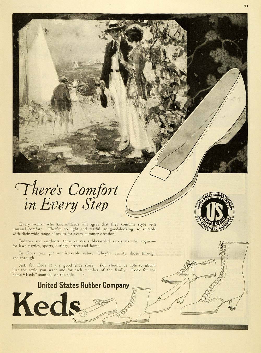 1919 Vintage ad for women's Ked shoes and boots. "There's comfort in every step".