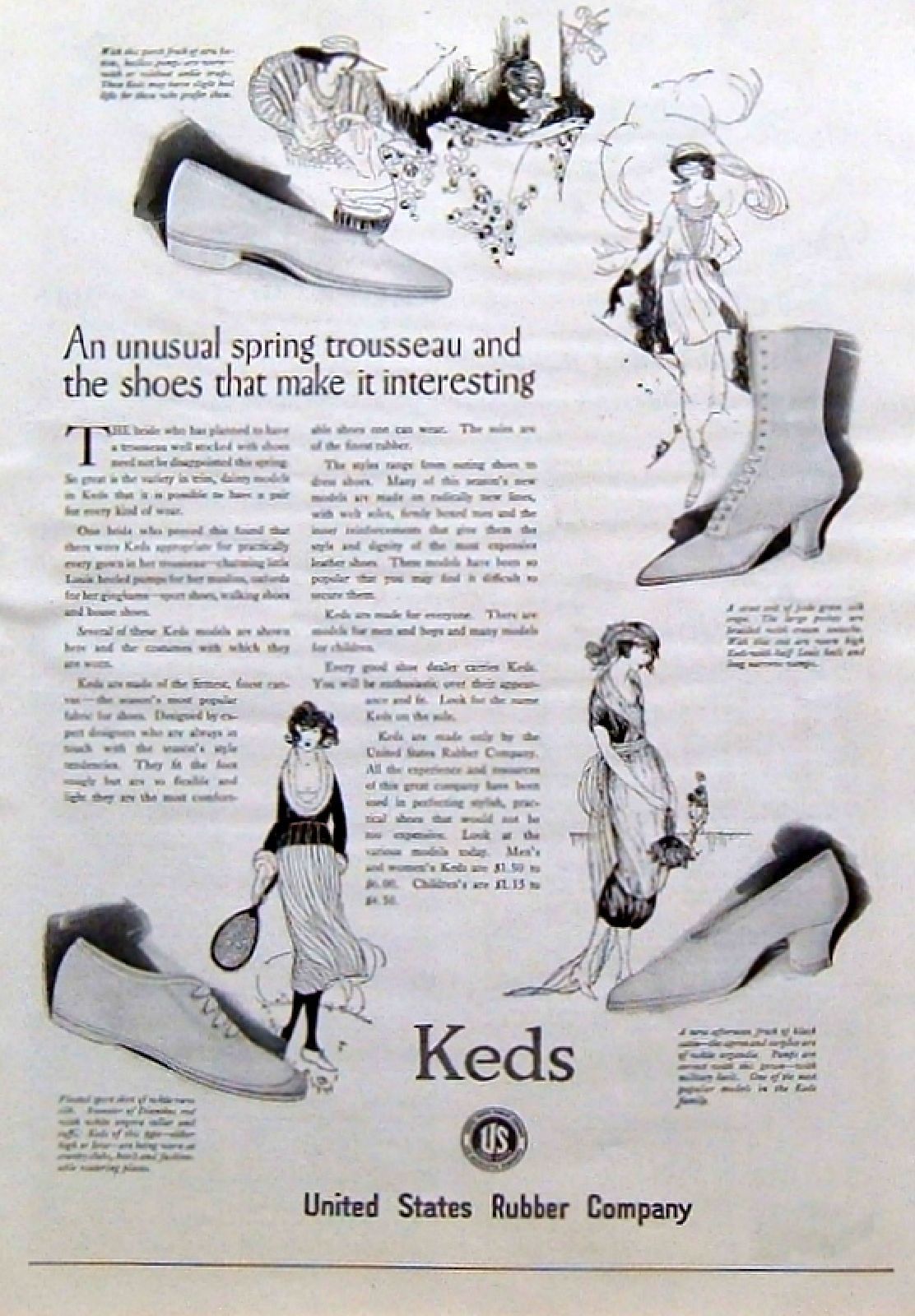 1920s vintage ad. "An unusual spring trousseau and the shoes that make it interesting".  Keds for sports, Keds for walking and Keds for sitting and walking.