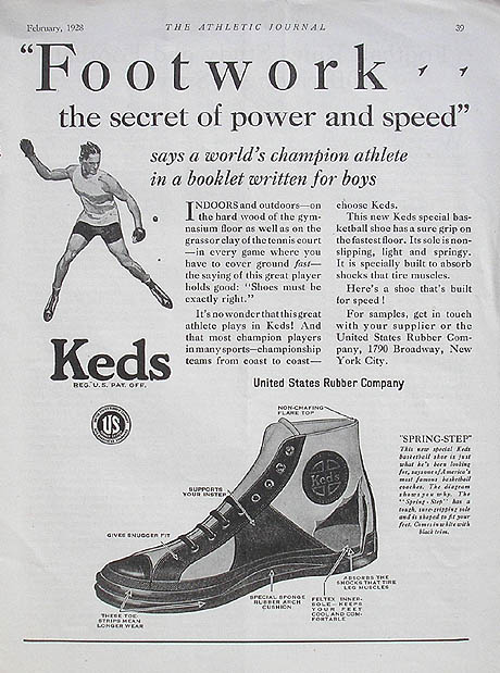 1928 vintage ad for men's Keds for playing sports. "Footwork the secret of power and speed".