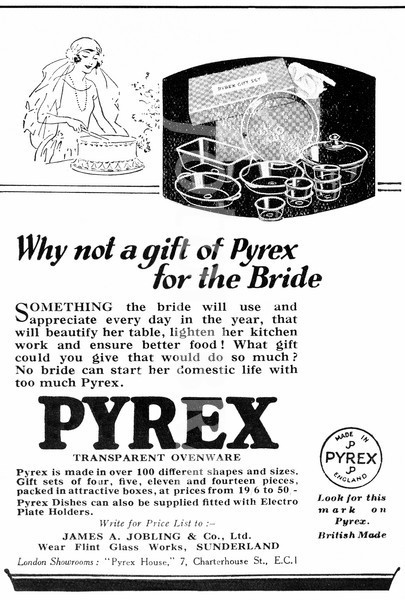 1920s vintage ad from 1926 for pyrex, a gift for the bride. 