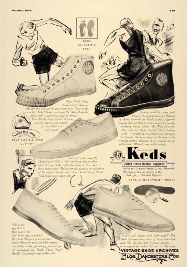 1930s vintage ad: 1936 vintage ad featuring more illustrations of men wearing Keds running shoes to play sports in