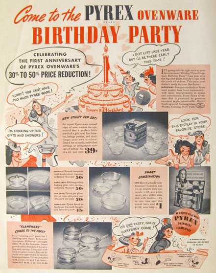 1930 vintage pyrex ad from 1939 celebrating the 1st anniversary of Pyrex overware