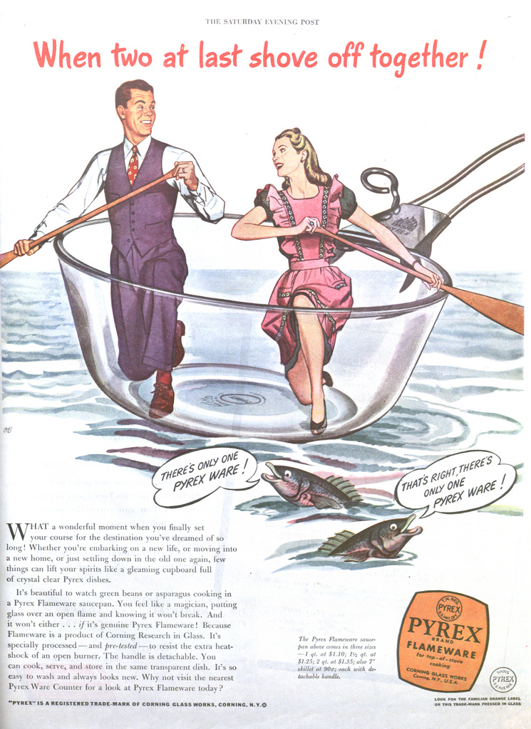 1940s pyrex vintage ad featuring an illustration of a couple in 1940s fashions in a pyrex bowl. 