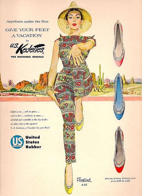 1950s vintage ad for Kedettes featuring a woman in 1950s Fashion (Matching blouse and slim pants) on vacation. "Give your feet a Vacation". 