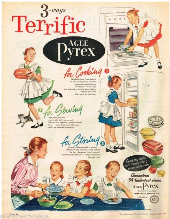 1950s vintage pyrex advertising from 1958 featuring all the ways that kids can help in the kitchen using Pyrex.