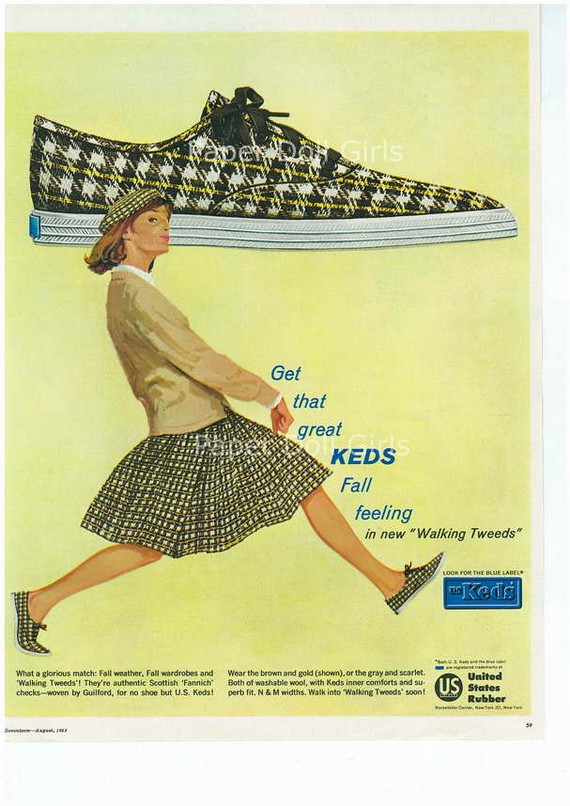 1960s Vintage Keds Ad -1963 Vintage ad from Seventeen Magazine. Ad illustration features a stylish woman in 1960s fashions (Tweeds for Fall!) wearing Keds running shoes. 