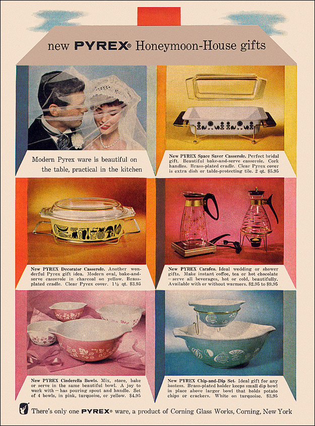 1950s vintage Pyrex Ad, 1958 the perfect Honeymoon house gift. 