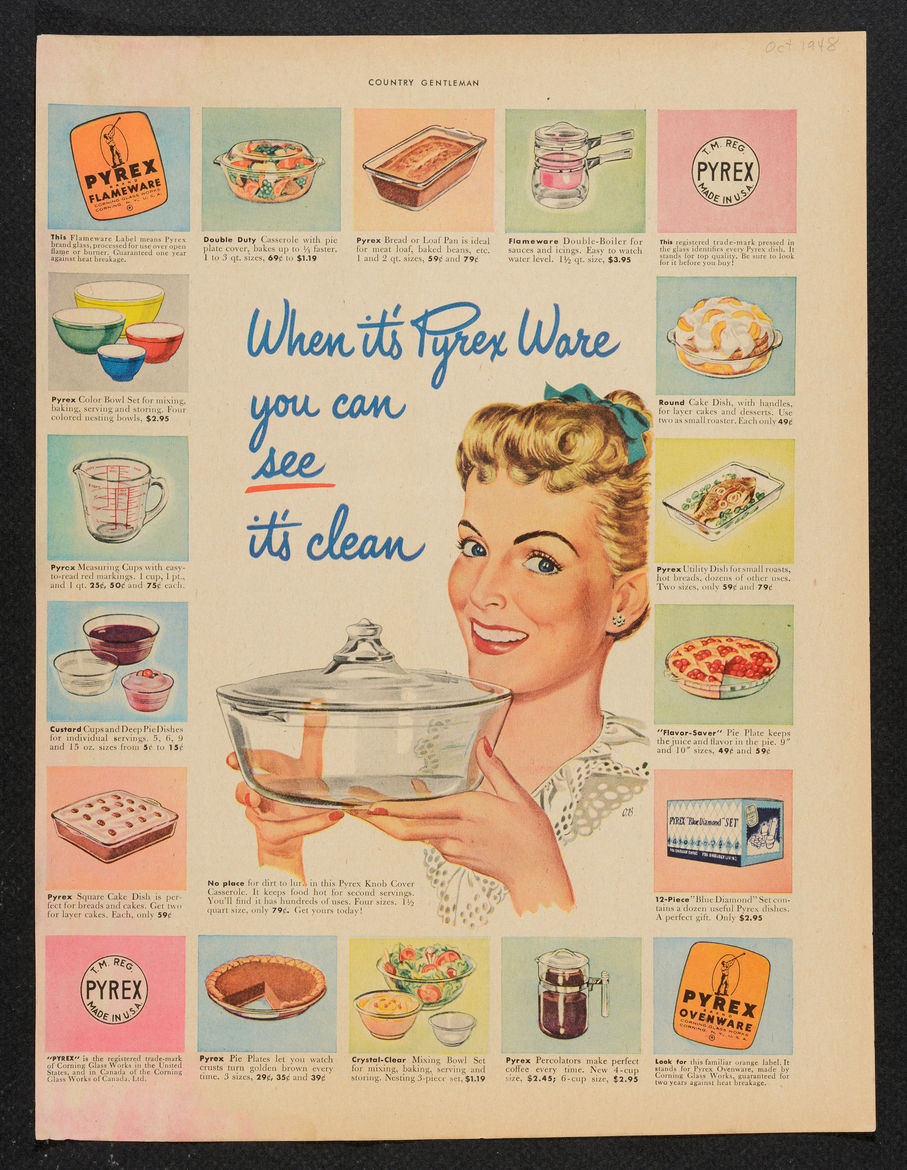 1940s vintage ad for Pyrex featuring all the different kinds you can buy for all your kitchen, cooking and baking needs.