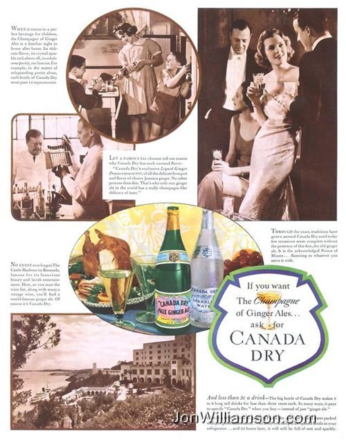 1930s vintage ad for Canada Dry ginger ale featuring images of all the things Gingere Ale helps you do. 