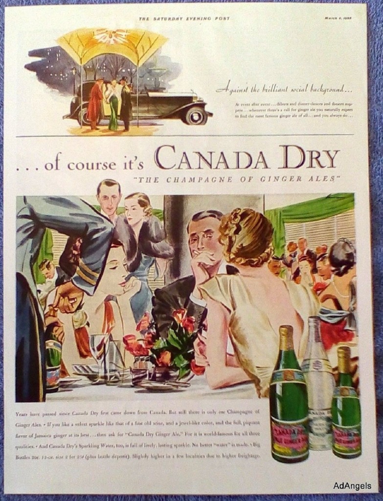 1930s vintage ad for a 1935 Canada Dry Ad featuring an illustration of stylish 1930s men and women at a party in 1930s fashions and 1930s hairstyles. 