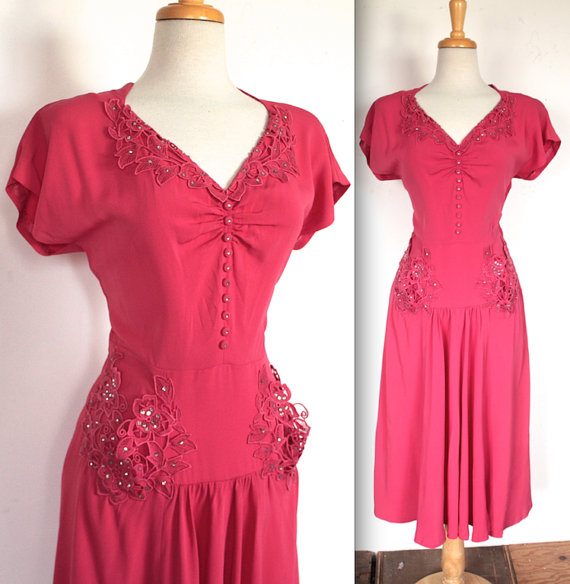 1940s Fashion: Vintage 1940's Dress // 30s 40s Hot Pink Bombshell Rayon Dress with Rhinestone Studded Appliqués