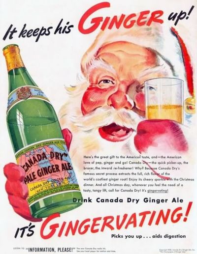 1940s Vintage Ad for Canada Dry Ginger Ale featuring an illustration of Santa holding the pop.