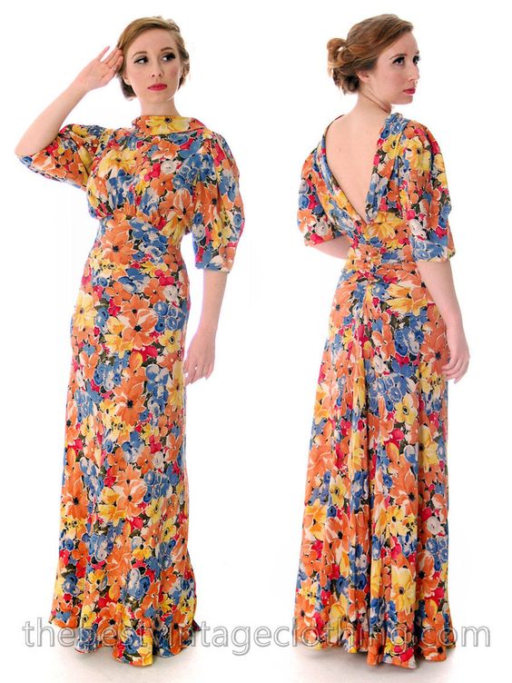 1930s fashion: Vintage 1930s Bias Cut Floral Silk Gown Backless Maxi Dress 