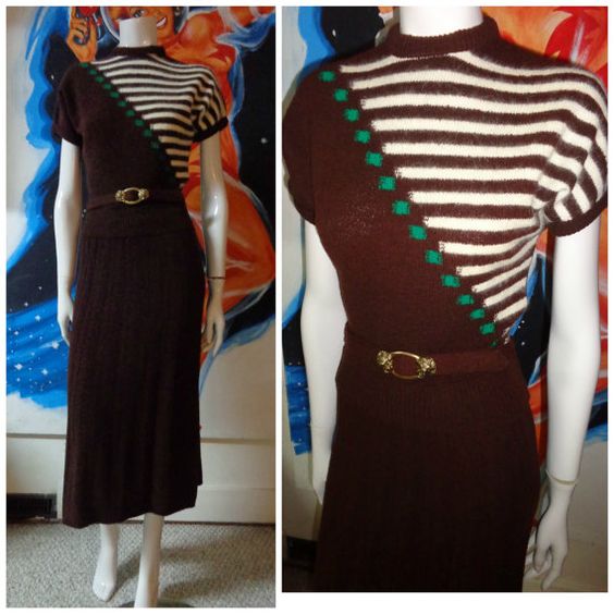 1950s fashion: 1950's Wool and Angora Striped Sweater Set Top and Pencil Skirt 