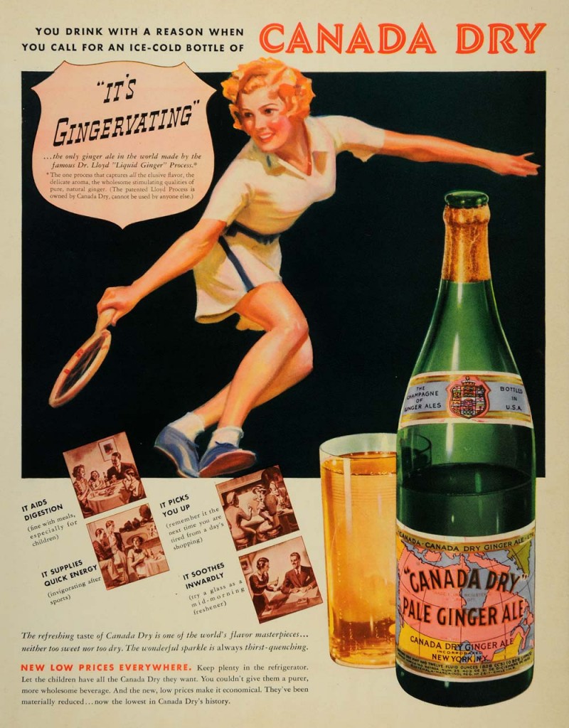 1930s vintage ad for Canada Day Ginger Ale ad from 1937 featuring an image of a woman playing tennis and other things that the pop / soda makes you do