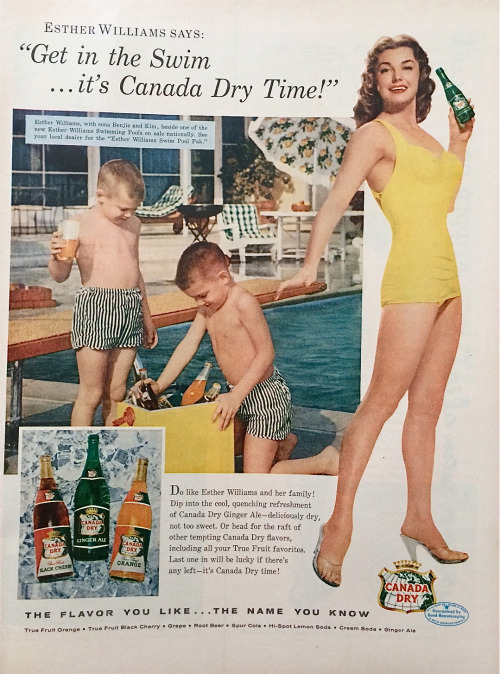 1950s vintage ad for Canada Dry Ginger ale featuring Esther Williams in a 1950s swimsuit posing with kids by the pool