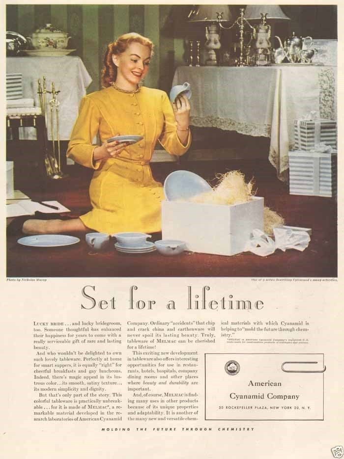 1940s Melmac vintage ad featuring a young bride opening up her wedding present and receiving Melmac dishes. 