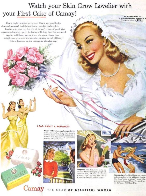 1940s Vintage Camay Ad-1940s Beauty ad featuring an illustration of a 1940s Bride throwing her bouquet to her bridesmaids. 