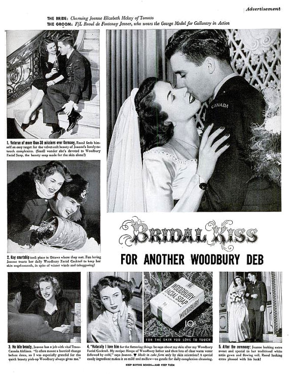 1945 Woodbury Soap Bridal Kiss Advertisement featuring a bride and her Canadian Soldier. 