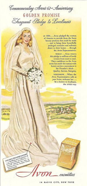 1940s Vintage Ad: 1948 avon cosmetics magazine ad featuring an illustration of a 1940s Bride in her 1940s Wedding dress. 