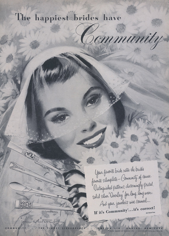 1940s Vintage ad: 1949 Community Silverplate Silverware vintage ad featuring a 1940s bride. 