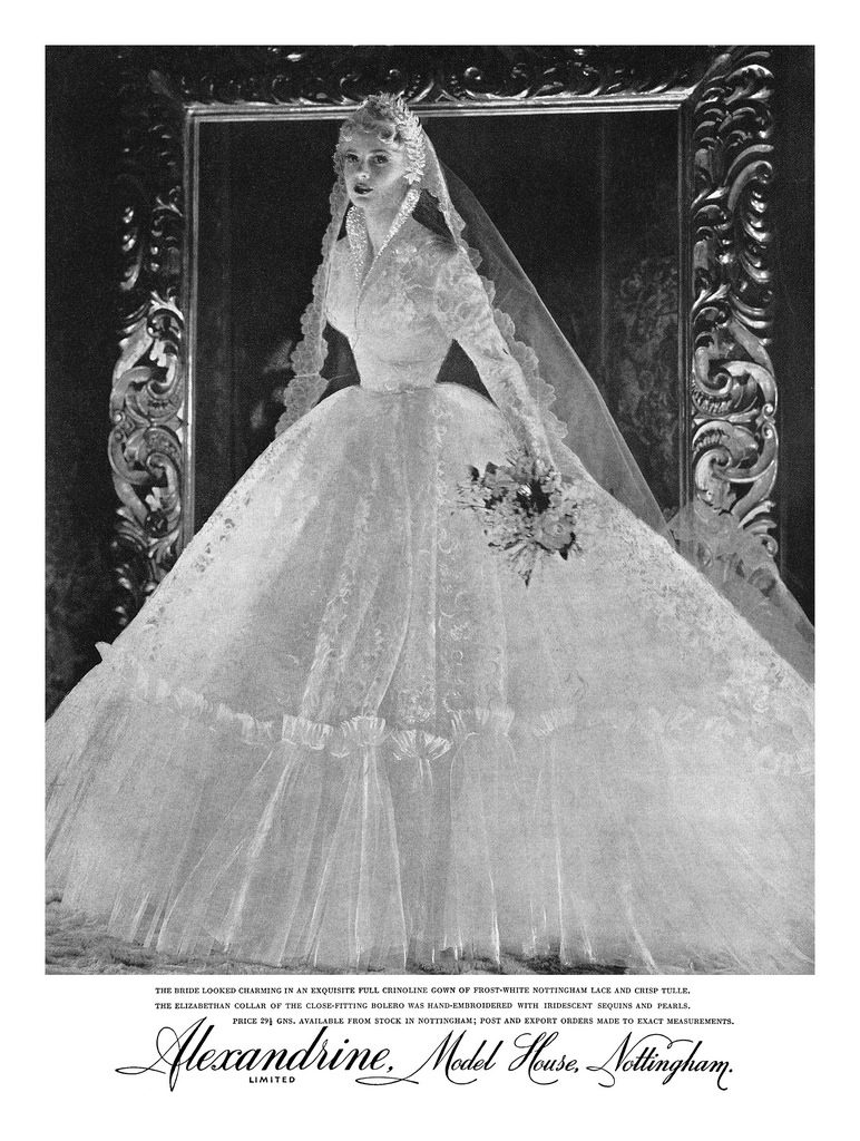 1950s Vintage ad: 1956 Alexandrine ad featuring a bride wearing a 1950s wedding gown. 