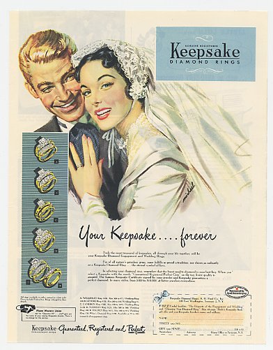 1950 ad for wedding ring featuring an illustration of a bride and groom in their wedding outfits.