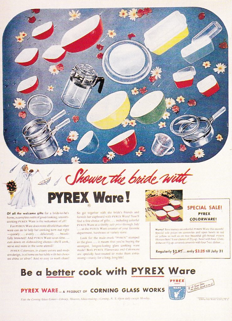 1950s vintage ad: Pyrex magazine ad from the 1950s. Shower the bride with Pyrex! 