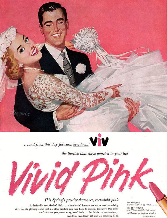 1950s vintage lipstick ad for pink lipstick featuring a bride in her 1950s wedding dress being carried by her groom. 