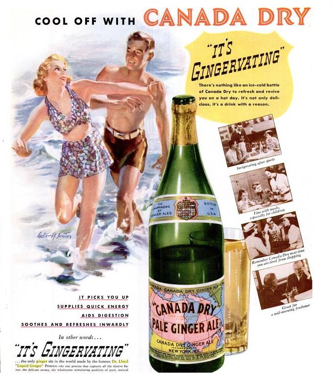 1940s Vintage Ad for Canada Dry Ginger Ale featuring an illustration of people enjoying the beach with a bottle of Ginger Ale. 