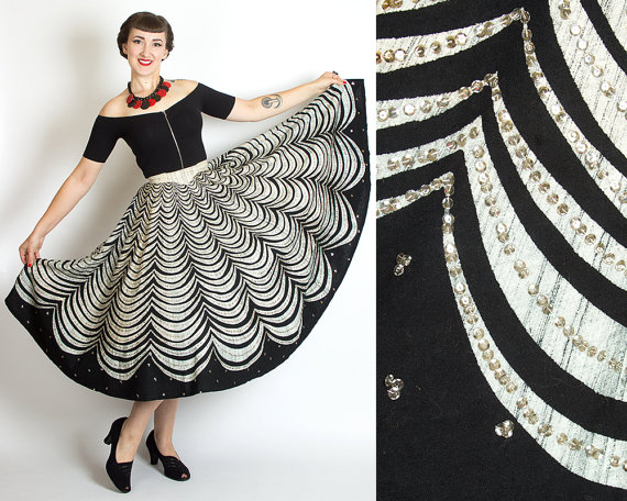 1950s Fashion: Vintage 1950s SEQUINED Mexican Hand Painted CIRCLE Skirt