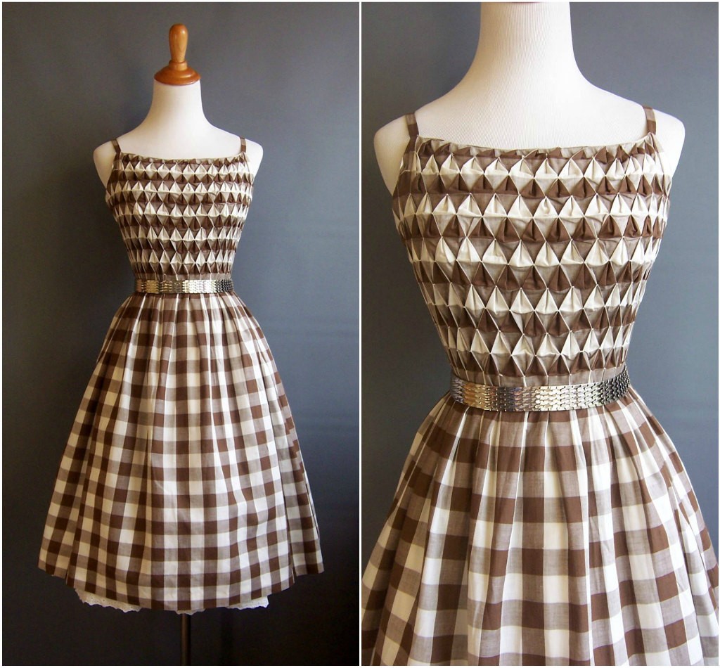 1950s Fashion: 1950s Mr. Mort gingham dress smocking spaghetti straps 50s sundress 1950s sundress vintage gingham smocked