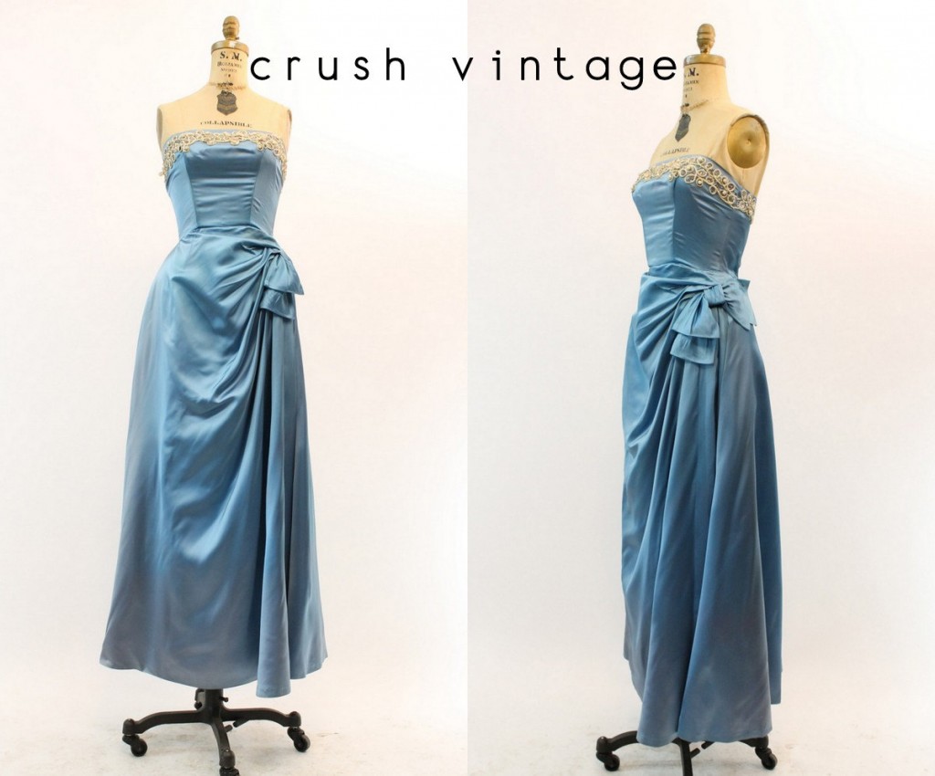 1950s Fashion: 1950s Dress Emma Domb Vintage Strapless Beaded Liquid Satin Gown