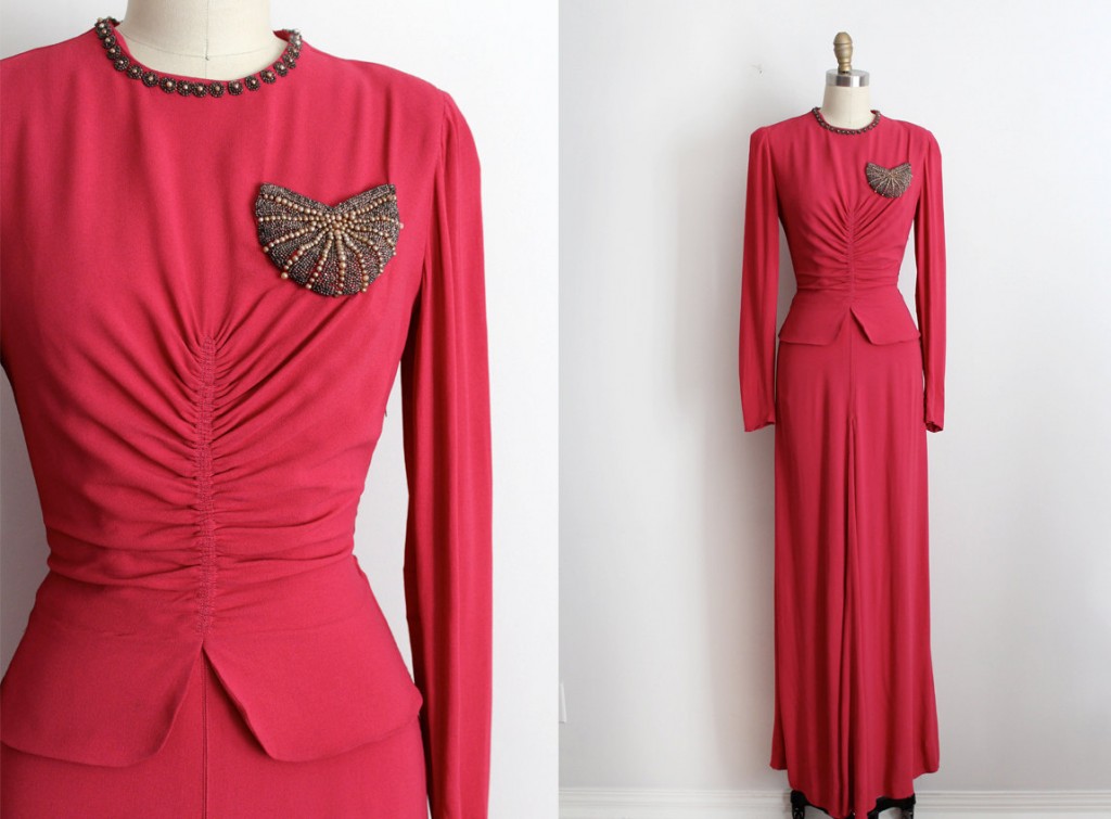 1940s Fashion: vintage 1940s gown // 40s pink crepe beaded evening gown