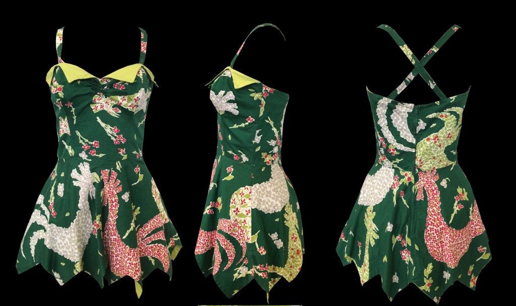 1950s Fashion / Vintage Summer Outfit: 1950s Novelty Rooster Print Artist Textile Catalina Swimsuit Bathing Suit