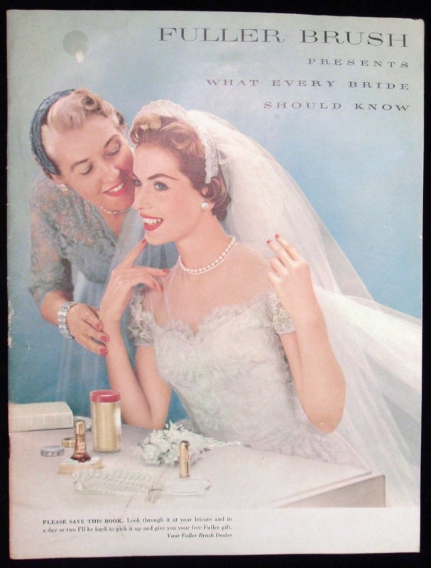 1950s vintage ad: 1950’s Fuller Brush advertisement -'What every bride should know'. Ad features a mother talking to her daughter who is in a 1950s wedding dress. 